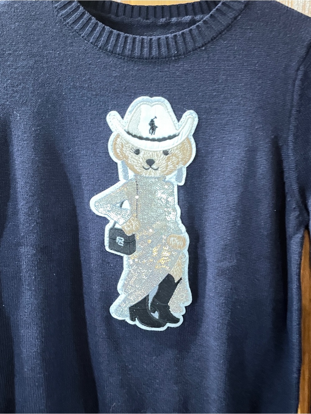 Ralph Lauren Navy Sequin Bear Cowboy Sweater